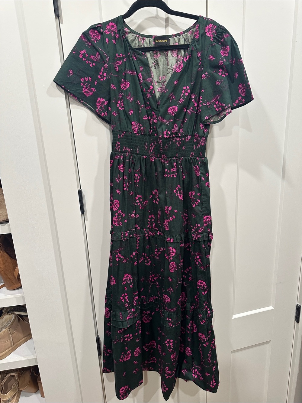 Dark Green Floral Midi Dress with Pink Print